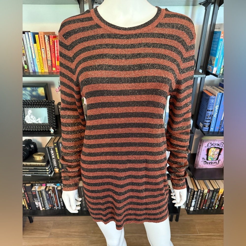 Who What Wear Black and Copper Striped Sweater Dress with Gold flecks Throughout